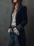 Atenea | Chaqueta Larga Bordada Vintage Azul Marino