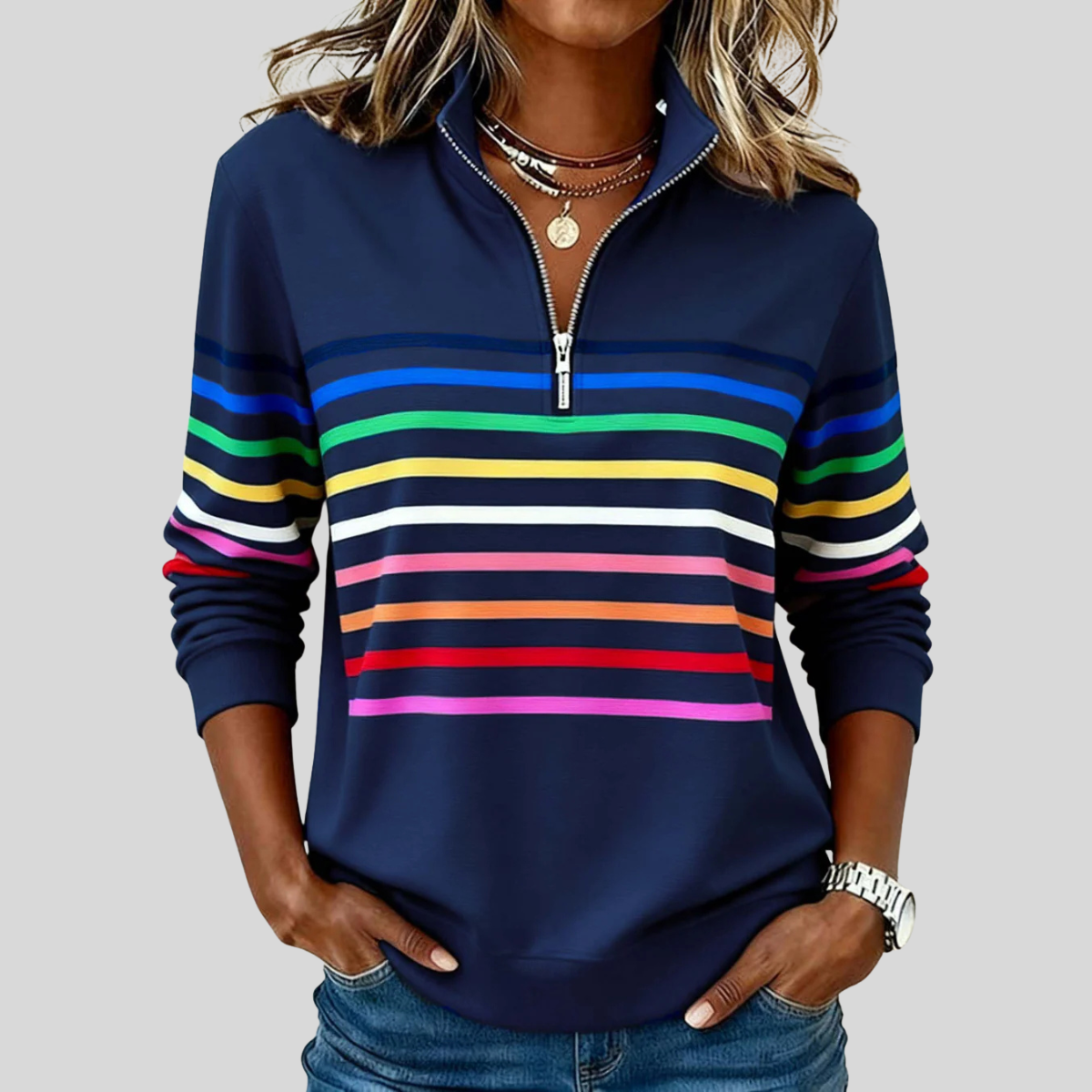 Jimena | Sudadera de Rayas Multicolor con Cremallera