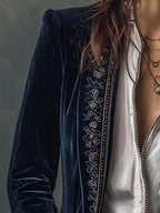 Atenea | Chaqueta Larga Bordada Vintage Azul Marino