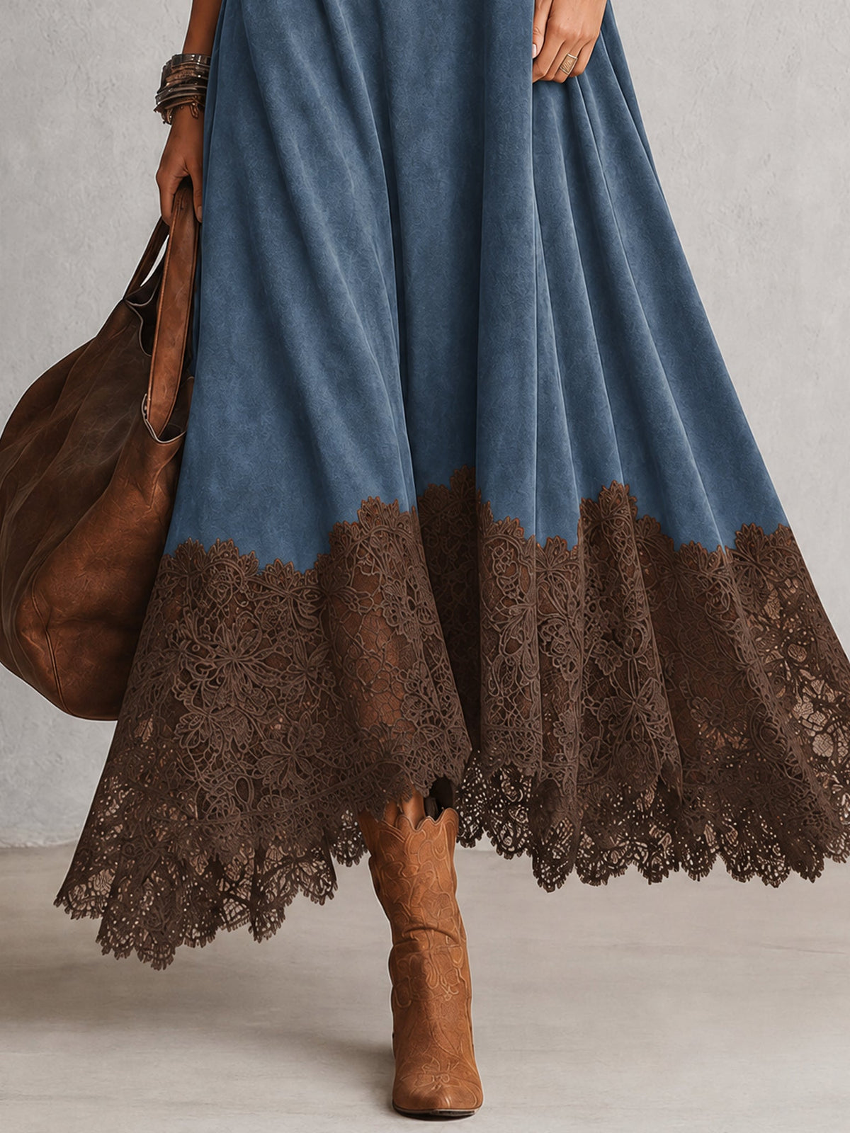 Petra | Vestido Largo Efecto Ante con Bajo de Encaje