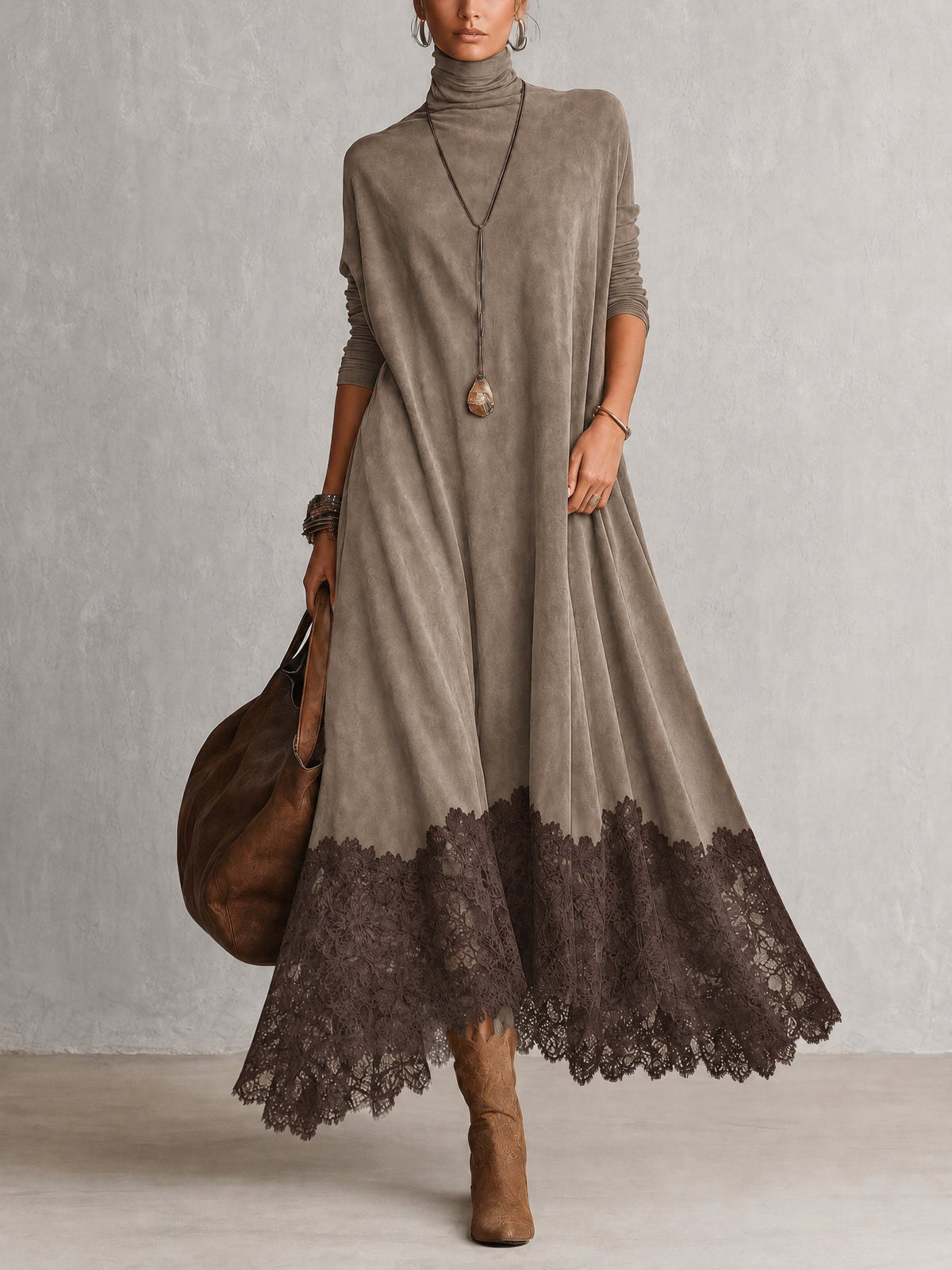 Porzia | Vestido Largo Efecto Ante con Bajo de Encaje