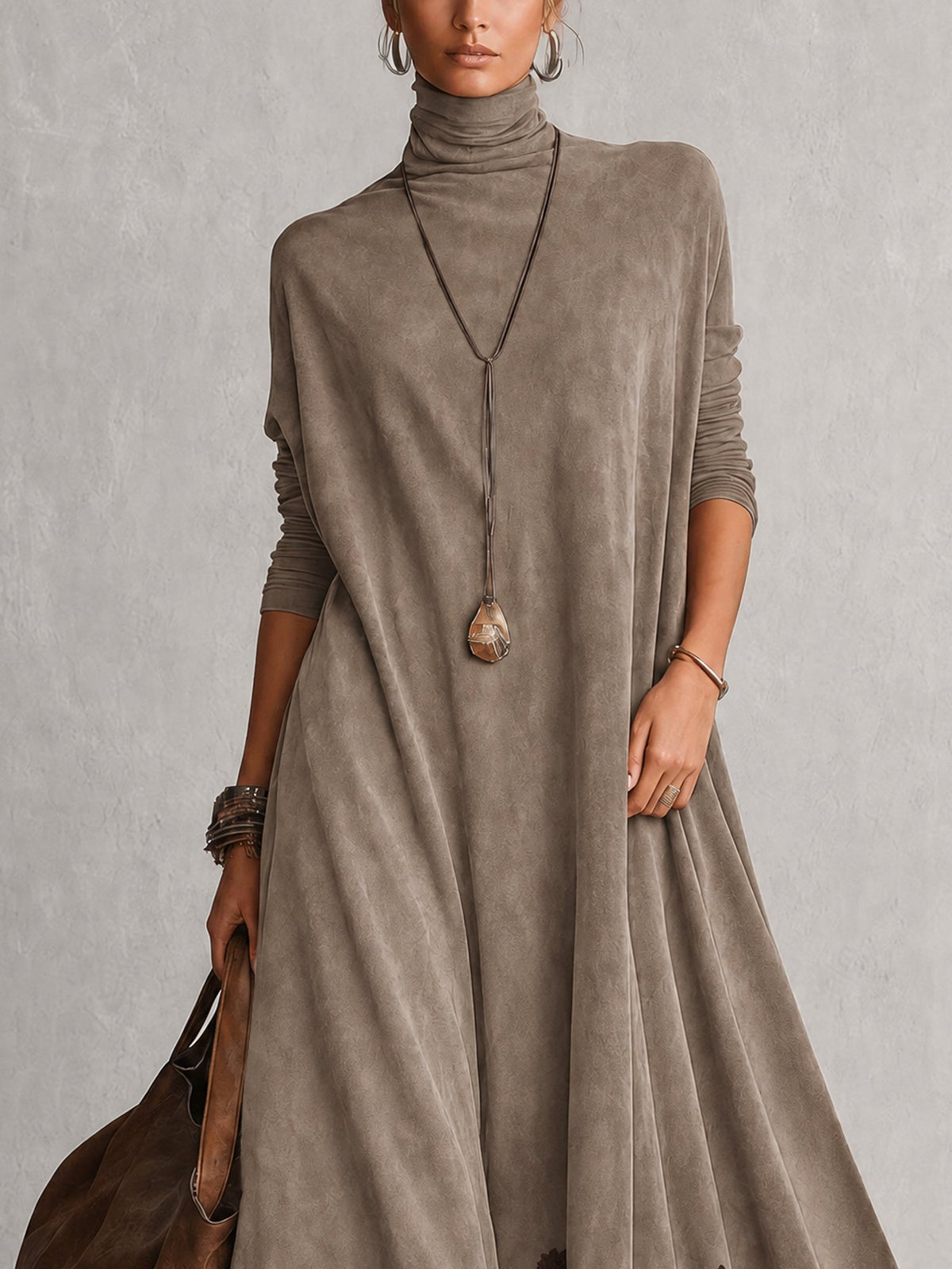 Porzia | Vestido Largo Efecto Ante con Bajo de Encaje