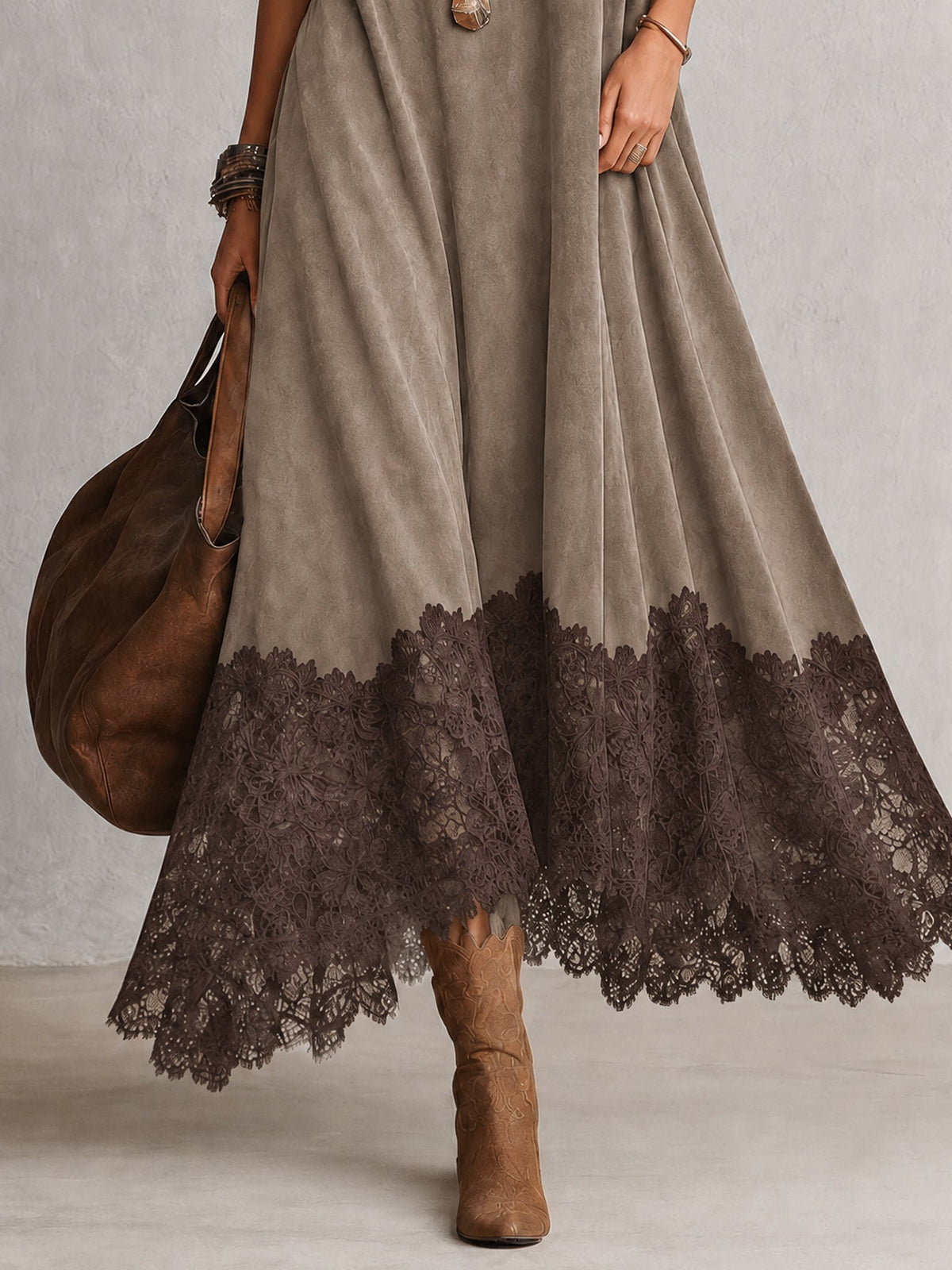 Porzia | Vestido Largo Efecto Ante con Bajo de Encaje