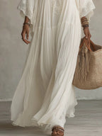 Adelaida | Vestido largo de gasa color marfil con mangas murciélago y encaje blanco